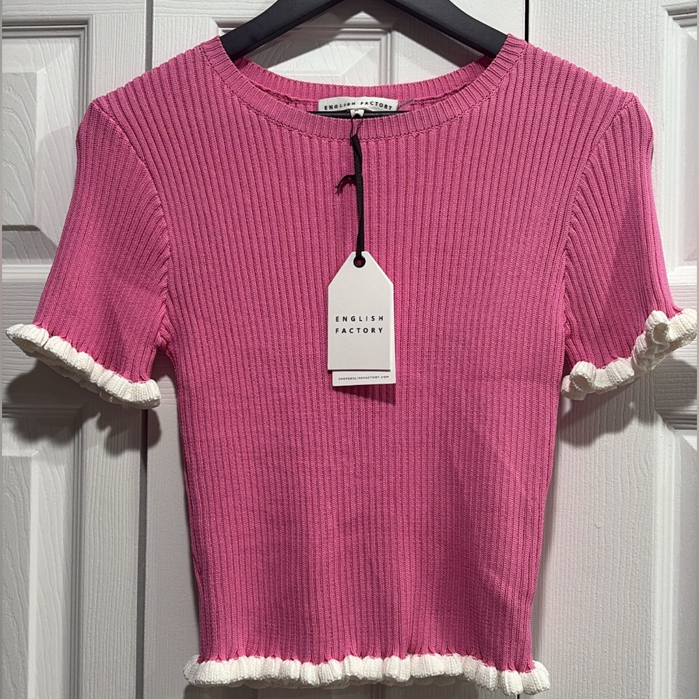 English Factory Fuchsia Ribbed Top with White Trim Size M